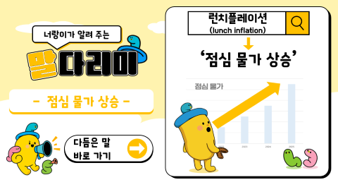 너랑이가 알려 주는 말 다리미
- 점심 물가 상승 -
다듬은 말 바로 가기 →
런치플레이션(lunch inflation) → '점심 물가 상승'